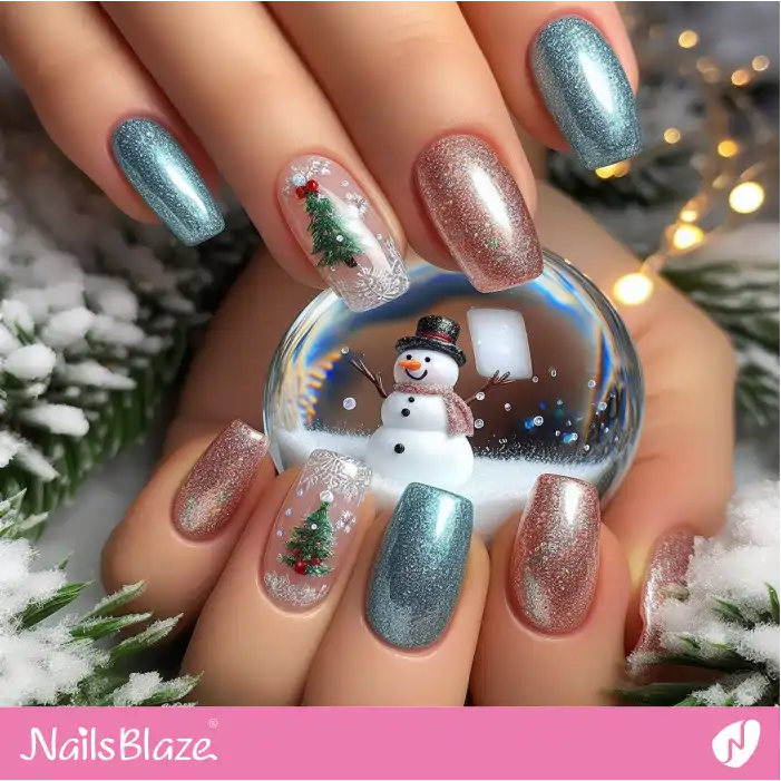 Glitter Christmas Tree and Snow Flake Nail Design | Christmas Nails - NB1678